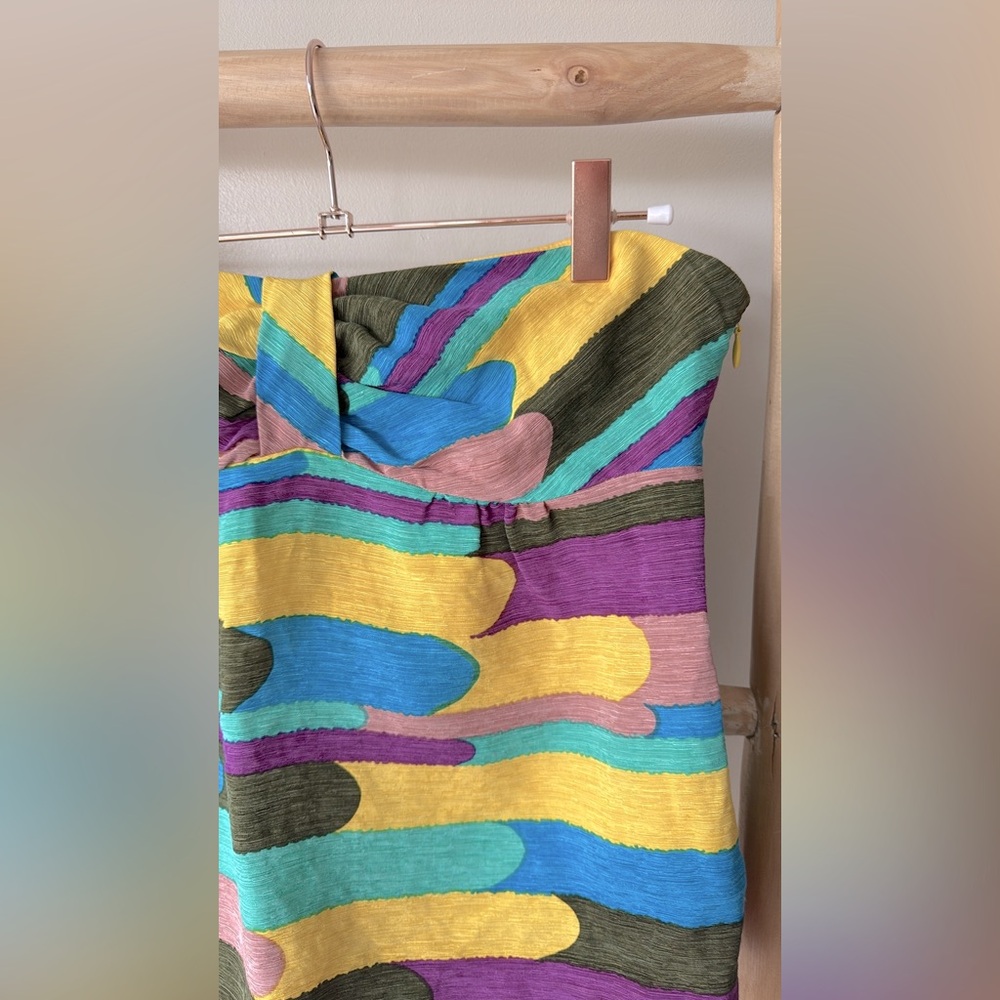 Tibi Multicolor Abstract Pattern Silk Linen Blend Colorful Strapless Summer Top - Picture 2 of 9